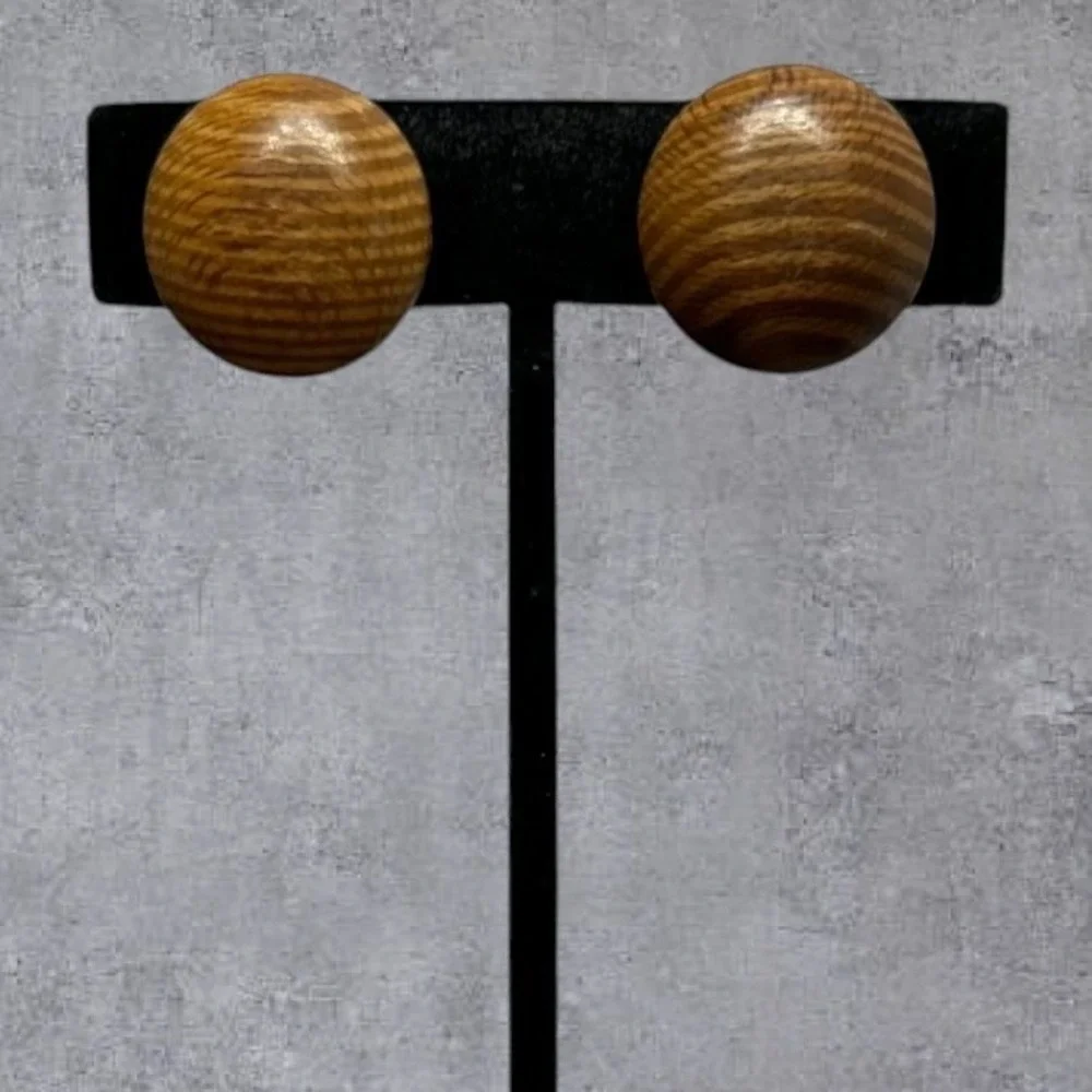 Clip On‎ Earrings Womens Brown Good Vintage Wood Dome Studs Boho